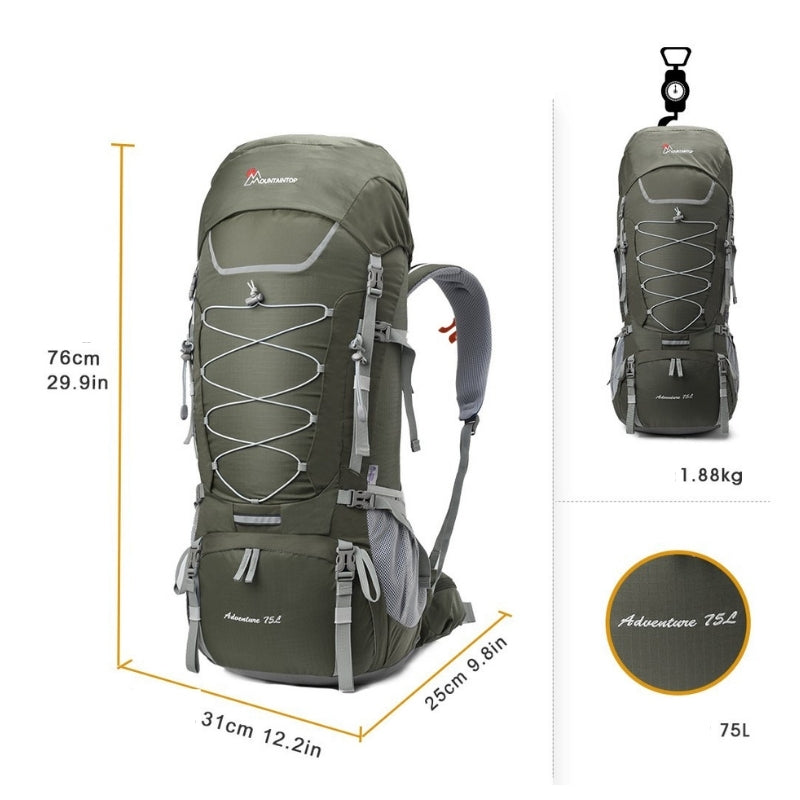 Mountaintop Sac à dos de randonnée 75 litres à cadre interne avec housse de pluie - M6801