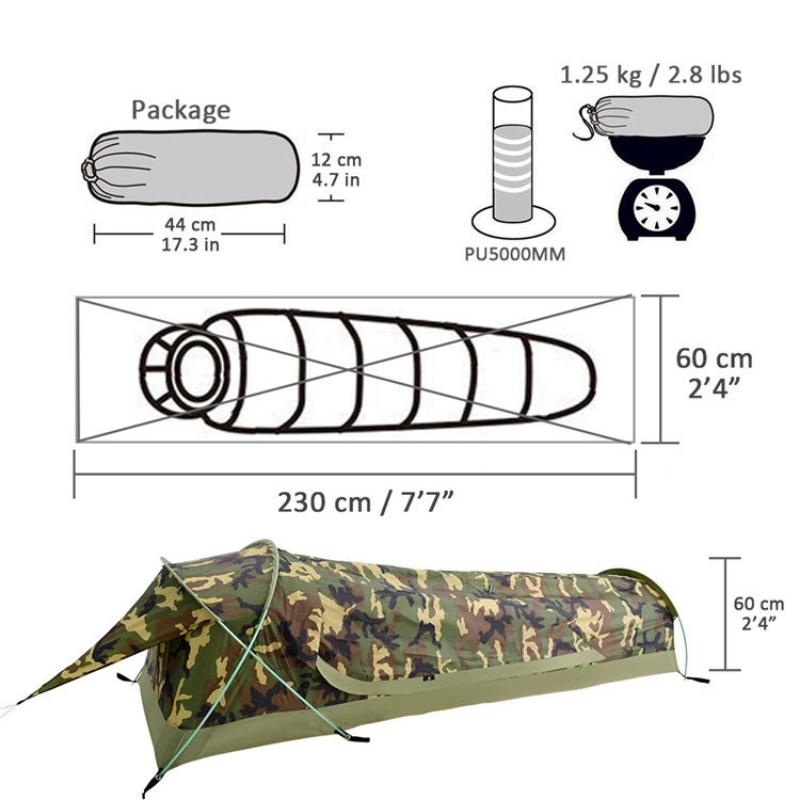 Tente Sarcophage 1 place - Sac de bivouac - Tente camouflage - Tente cercueil - Tente GeerTop - Koksoak Outdoor