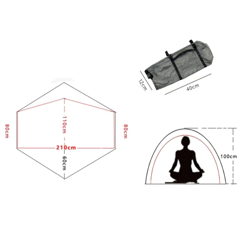 Dimensions de la tente 1 place Ultra Légère grise - Tente 1 personne - Tente Ultralight - Tente Koksoak Outdoor