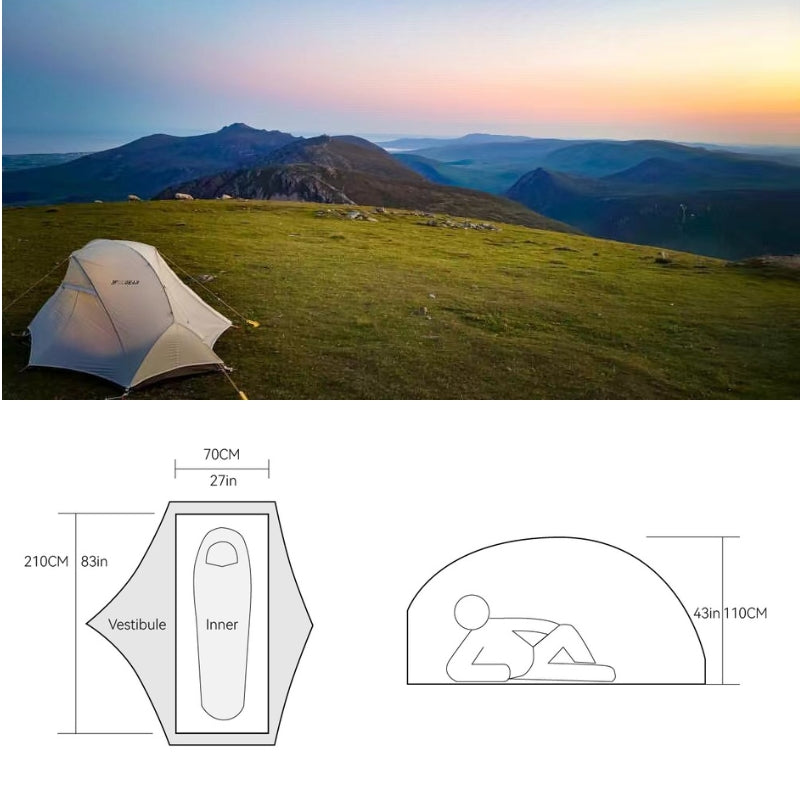 Tente Ultra Légère 1 place - Dimensions de la Cloud 1 grise de 3F UL Gear - Tente Koksoak Outdoor