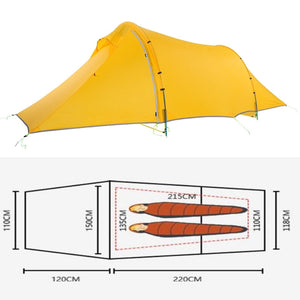 Dimension de la tente tunnel 2 places ultra légère jaune - Asta gear